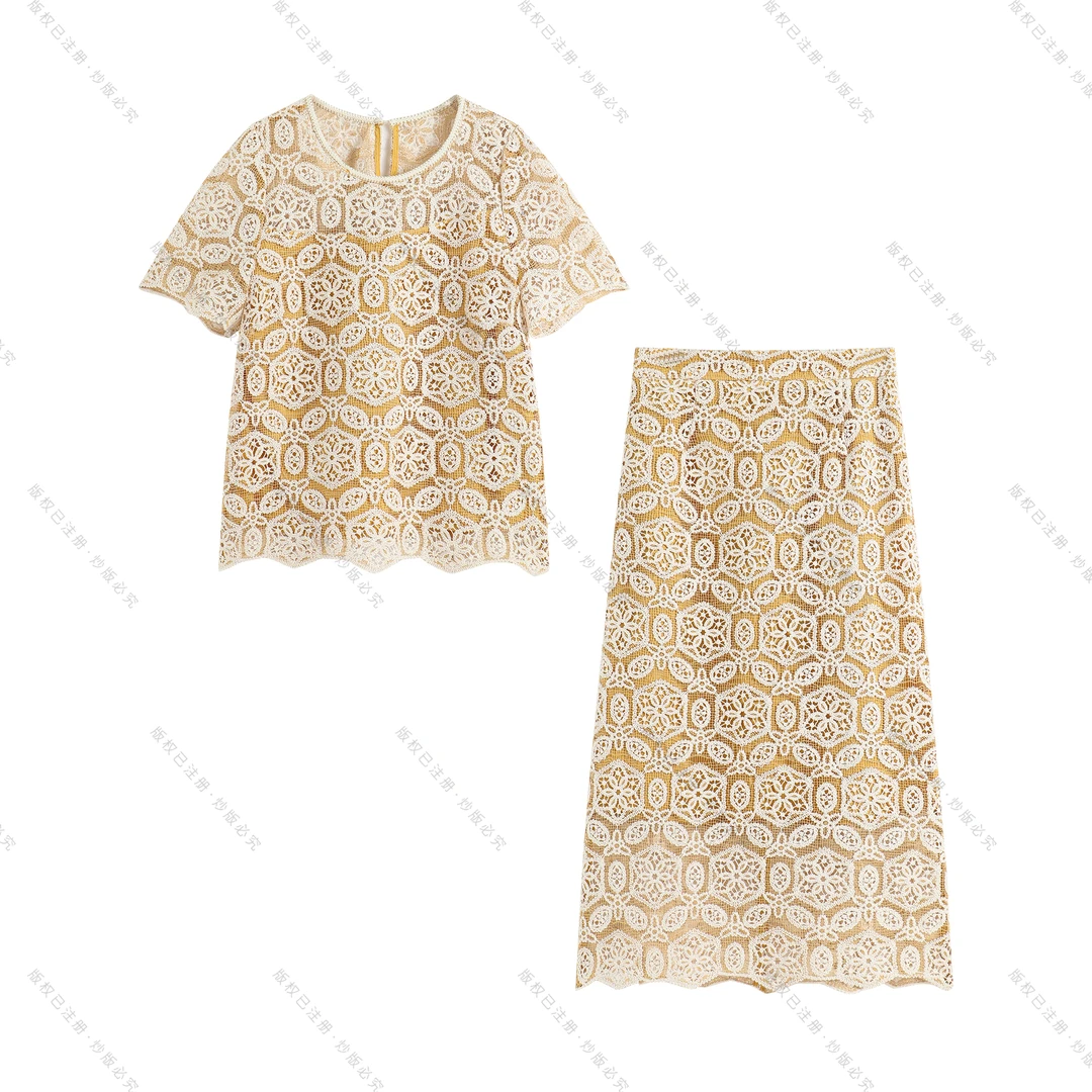 【南油虹姐】新款夏季显瘦优雅短袖蕾丝气质时尚夏季复古中式套装