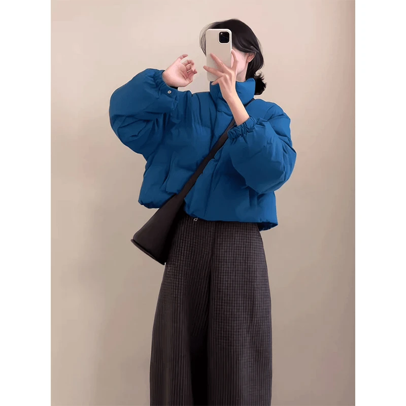 秋冬新款高级感气质加厚保暖外套宽松孔雀蓝棉服高腰复古格子长裤