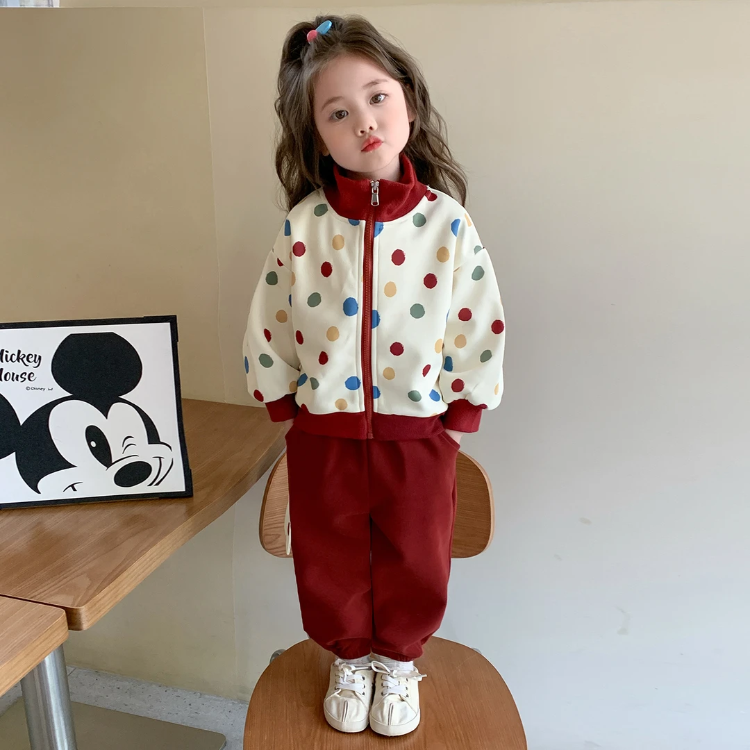 女童秋装套装洋气儿童休闲小女孩波点卫衣两件套宝宝春秋季运动服
