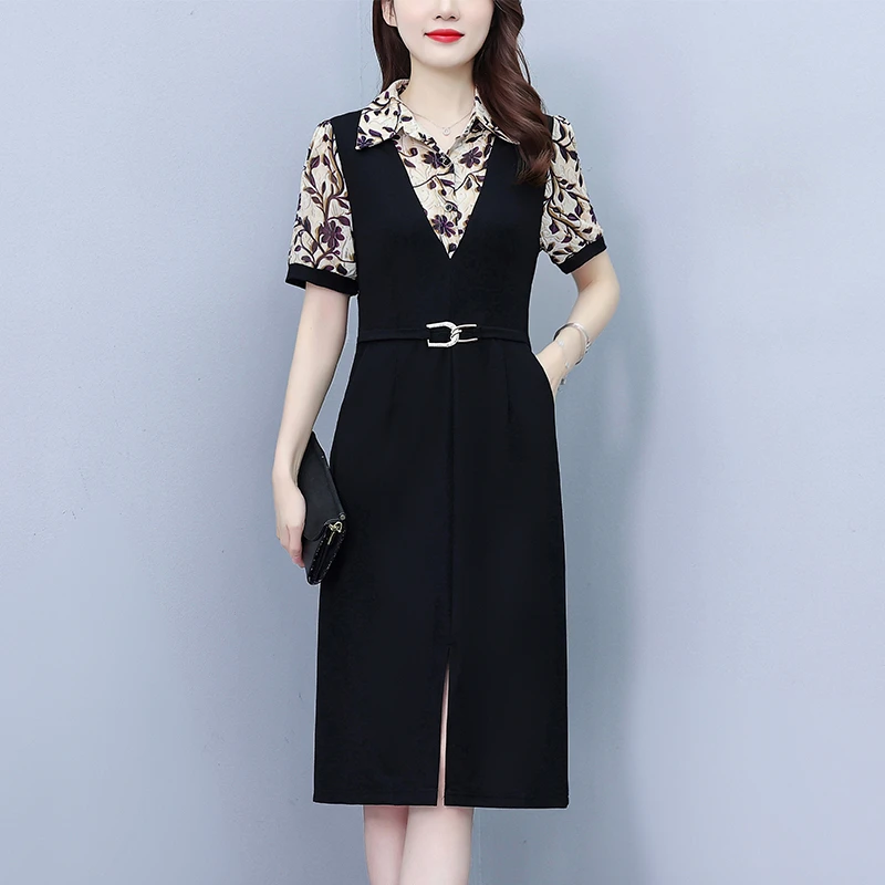 8568假两件连衣裙2025夏季新款气质显瘦时尚印花收腰裙中年妈妈装