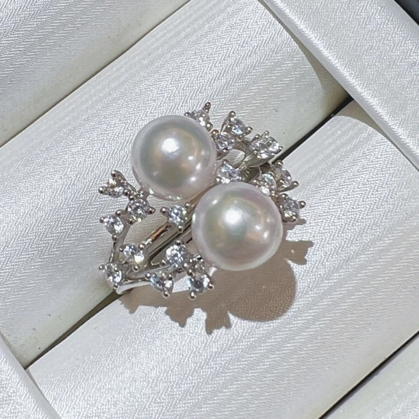 国标S925银海水Akoya双珠戒指