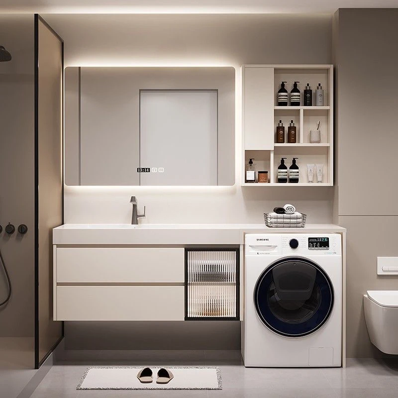 奶油风现代简约风高端卫生间洗手台洗脸盆柜岩板陶瓷无缝一体盆