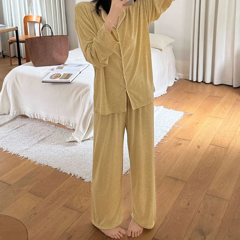 春秋季睡衣女款纯色长袖透气睡衣家居服套装秋冬宽松排睡衣秋款女
