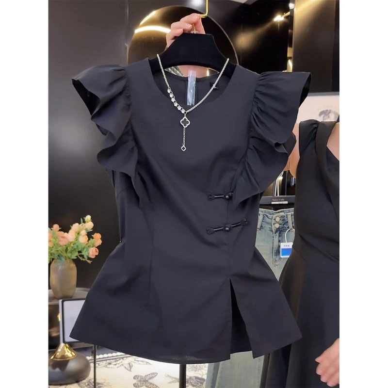 大码新中式拼接荷叶边盘扣国风飞飞袖衬衫女夏季百搭开叉显瘦上衣