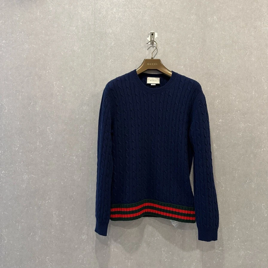 GUCCI 古驰 FW21 织带绞花编织圆领套头羊绒衫 M码/99新/003265