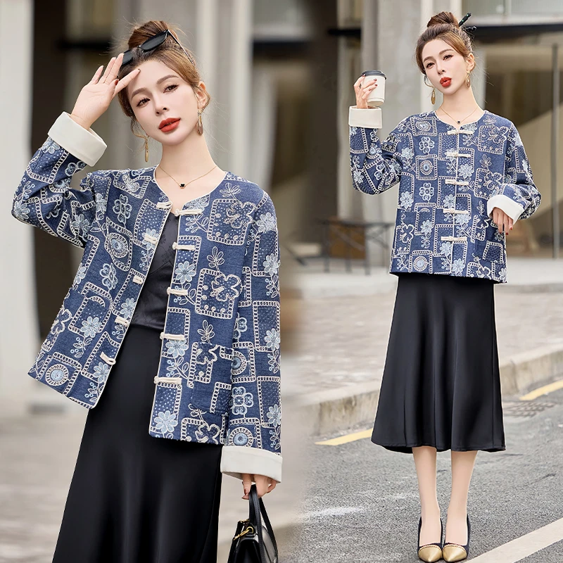 新中式国风牛仔外套女短款2025春季新款复古盘扣重工刺绣洋气上衣