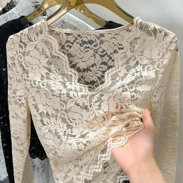 女式v领蕾丝底衬衫2025新款内长袖低领薄纱黑色小衬衫短网眼上衣