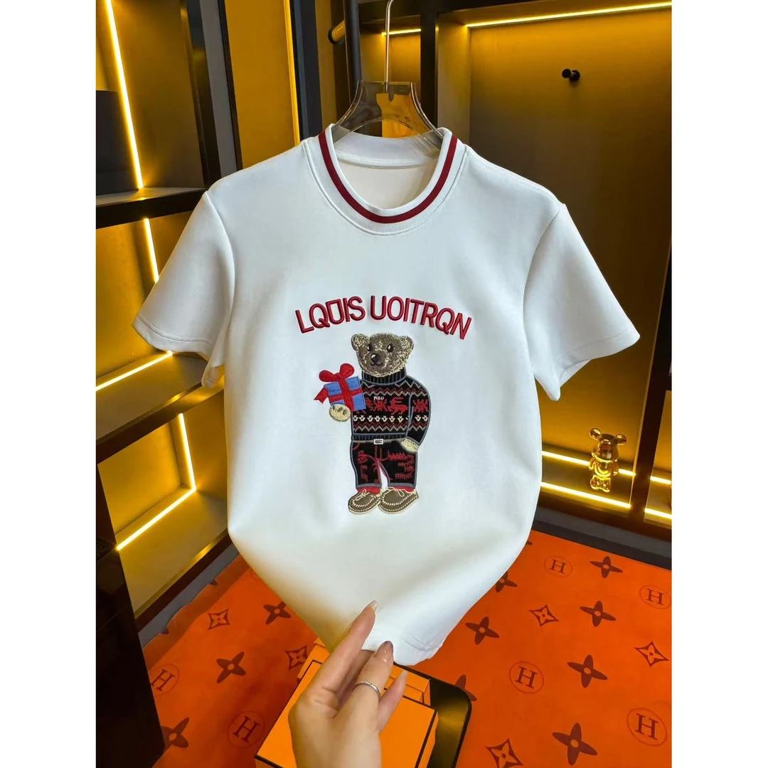 2025春季新款圓領男士輕奢休閑半袖修身设计師刺繡卫衣9080款