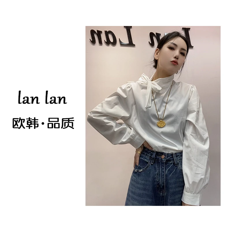 lanlan-秋上新【领口系带衬衣】韩版气质款复古领口系带衬衣百搭