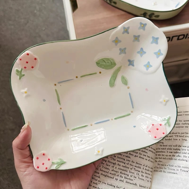 【花满星辰】8寸长方盘网红陶瓷手绘微浮雕清新ins风减脂餐盘水果盘