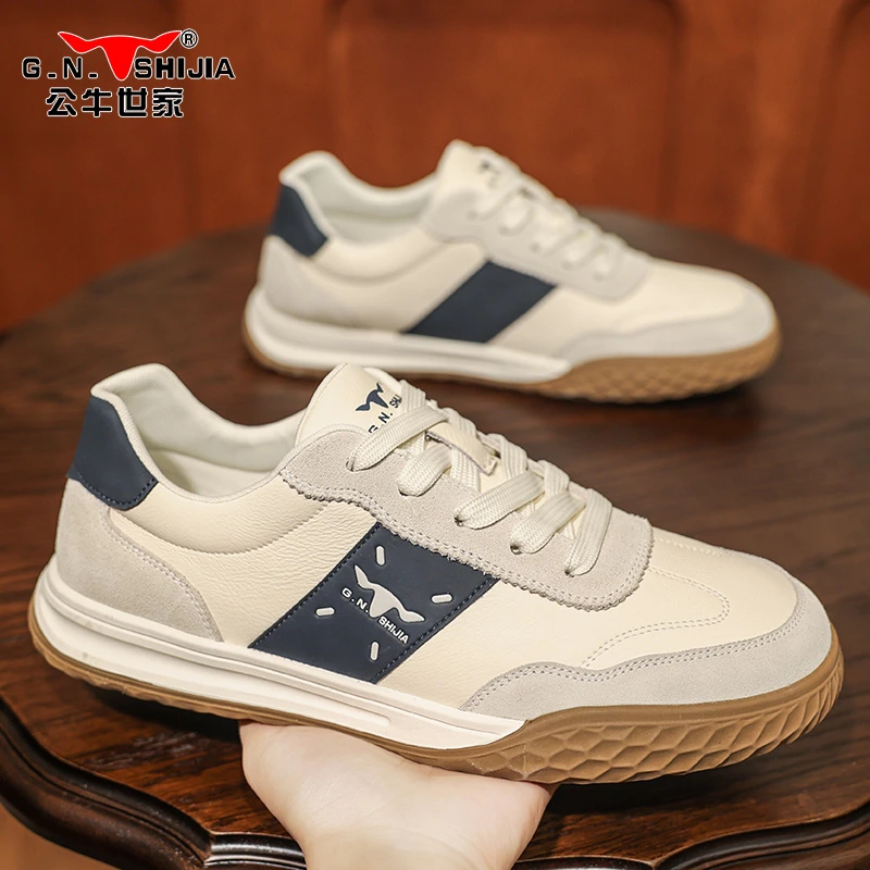 公牛世家男鞋春季新款百搭通勤休闲板鞋男士厚底德训阿甘小白鞋男