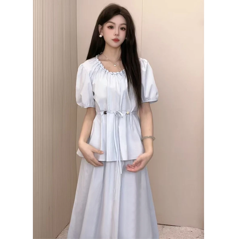 【25041】手工花边领收腰泡泡袖上衣+半身裙两件套套装