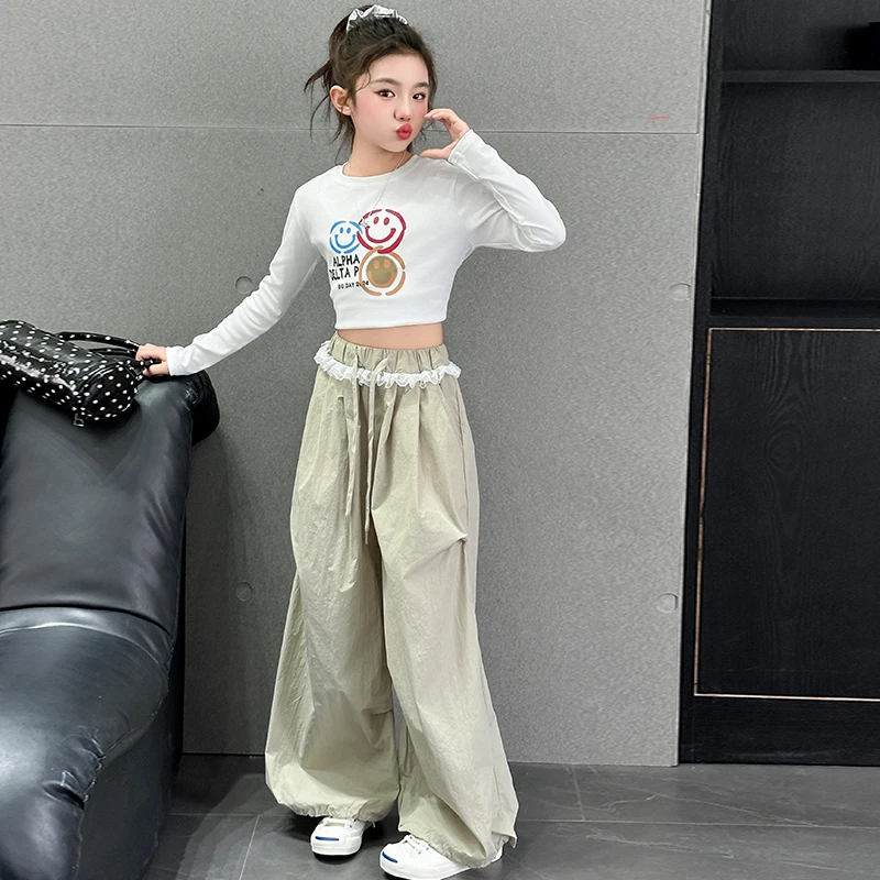 女童套装2025春装新款蕾丝花边阔腿裤笑脸上衣中大童春秋潮范裤子
