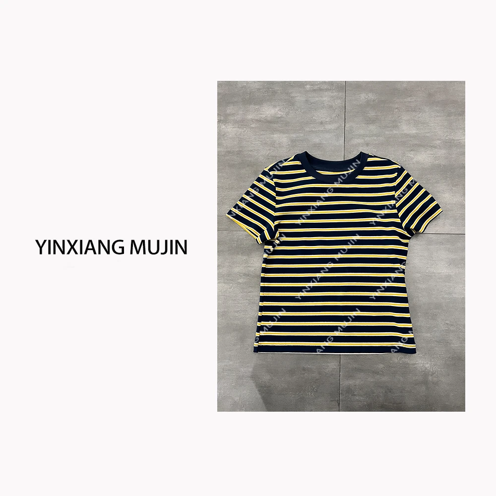 【YINXIANGMUJIN】黄蓝条纹T恤 简约圆领百搭短袖上衣女士休闲宽松