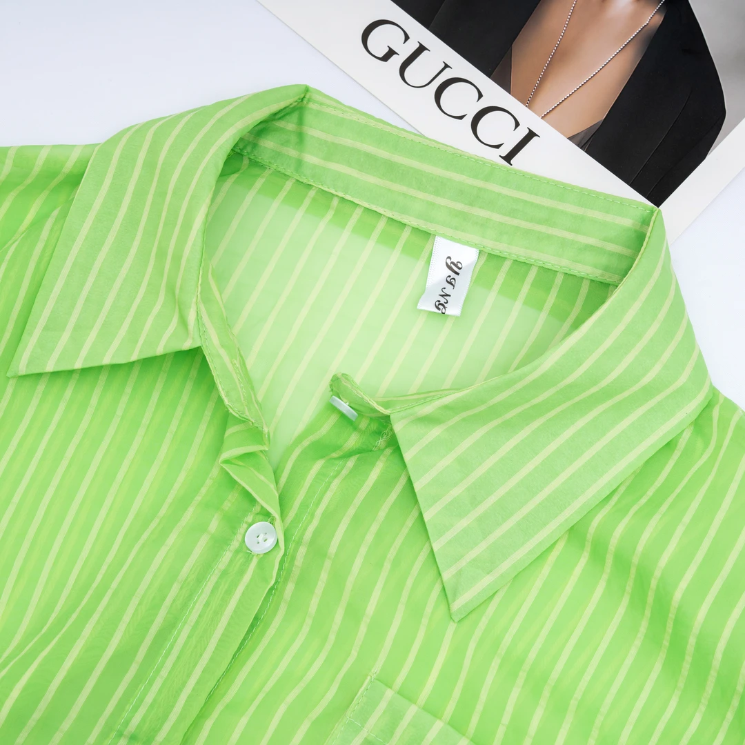 短款长袖防晒衬衫女装时尚休闲春季绿色条纹薄款潮流女装上衣5033