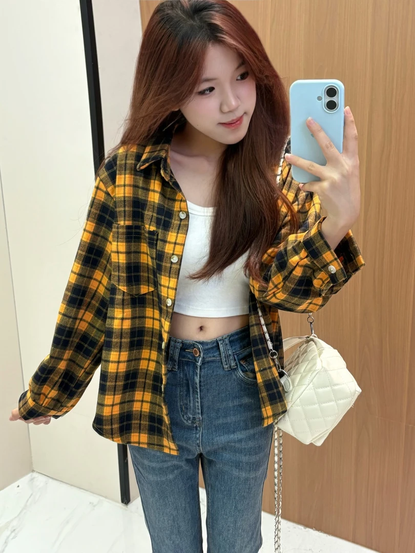 【小个子定制】秋冬复古磨毛格子长袖衬衫百搭设计感慵懒风衬衣外套