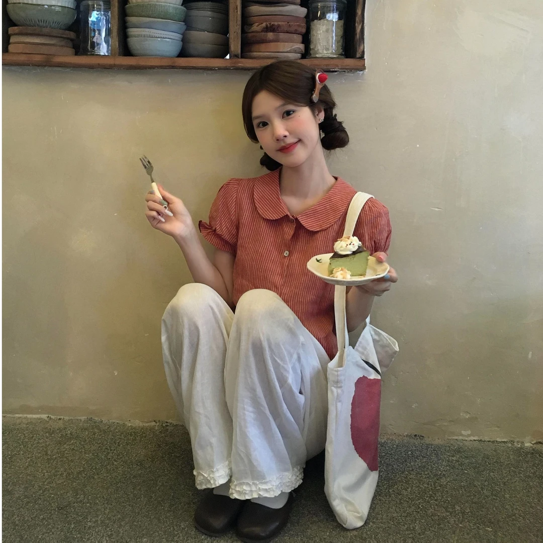 法式独特别致红格泡泡袖衬衫女夏2025新款设计感小众韩系绝美上衣