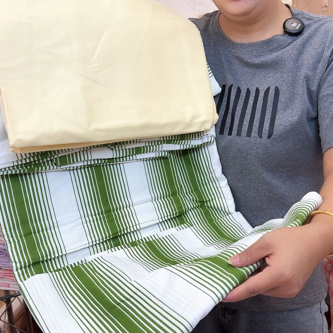 棉纯棉大四件套，绿色条纹款