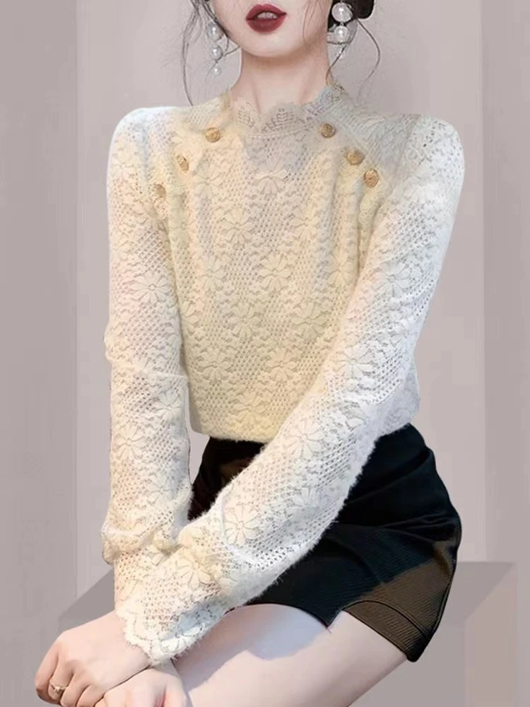 立领花边蕾丝打底衬加绒加厚长袖衬衫2025新款秋冬时尚保暖上衣