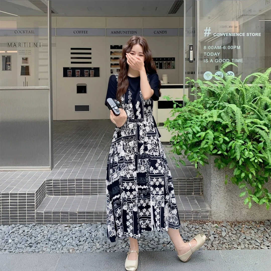 C2025夏季新款新型时尚度假风收腰显瘦假两件中长连衣裙女D2505