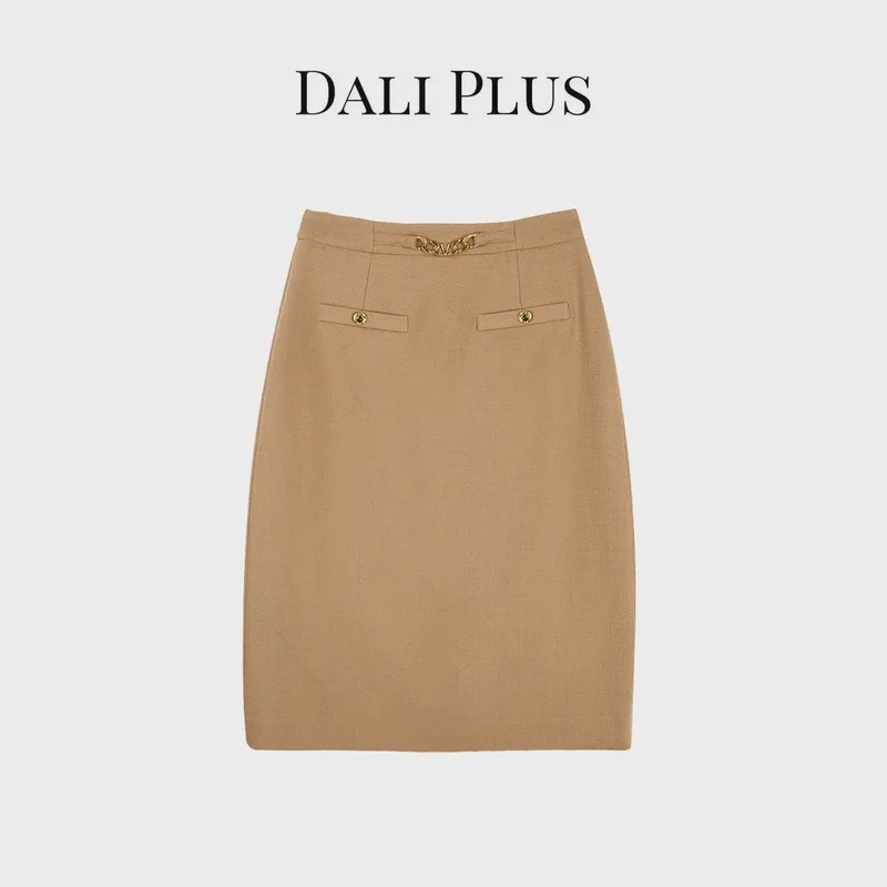 DALI PLUS春季设计感时尚气质 卡其撞色拼接半裙-1444081