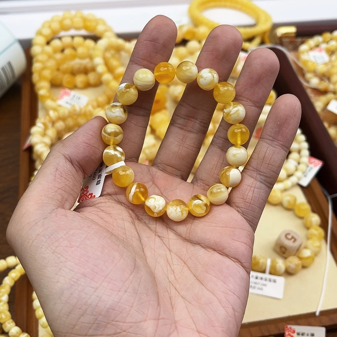 蜜蜡未镶嵌手串金白溶洞妖花橘底10mm