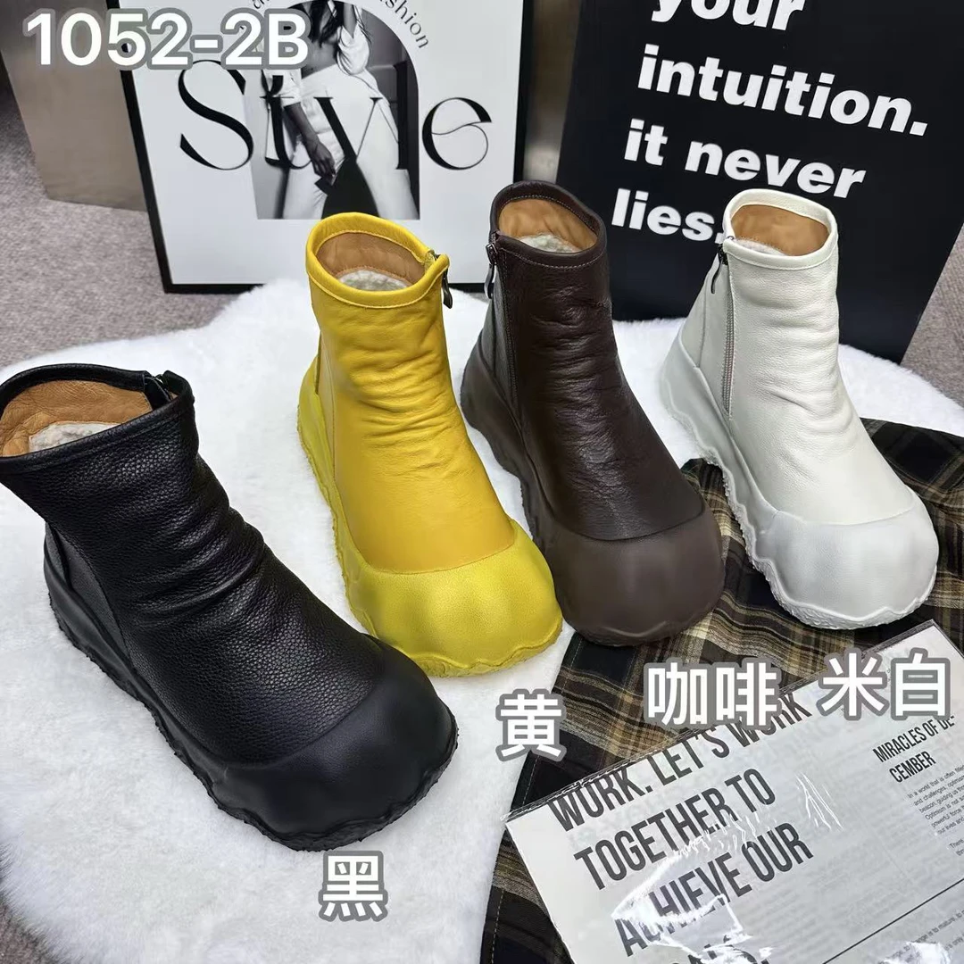 1052秋冬厚底轻底厚底牛皮侧拉链圆头短靴韩版棉靴子