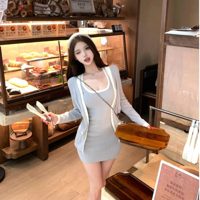 纯欲辣妹风性感修身u领吊带连衣裙防晒长袖针织开衫气质两件套装