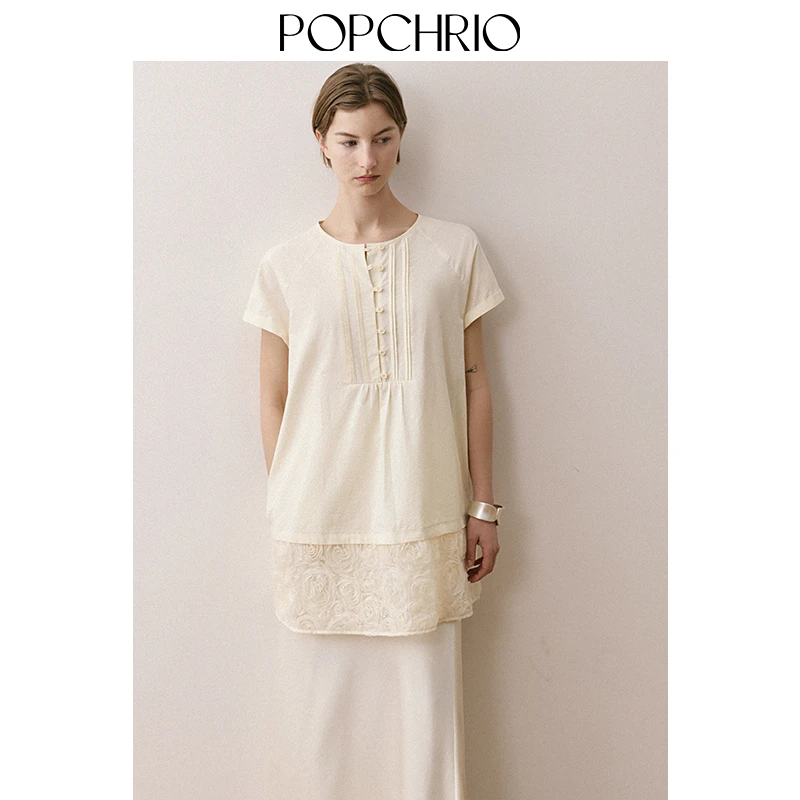POPCHRIO欧可芮◆设计感拼接小飞短袖圆领宽松衬衫叠穿衬衣小个子