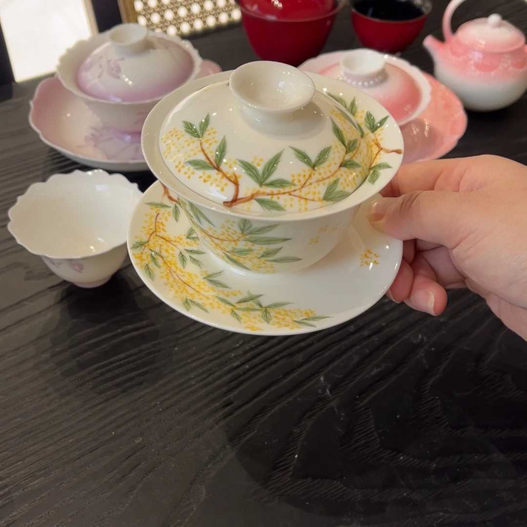 手绘桂花盖碗哈哈哈哈