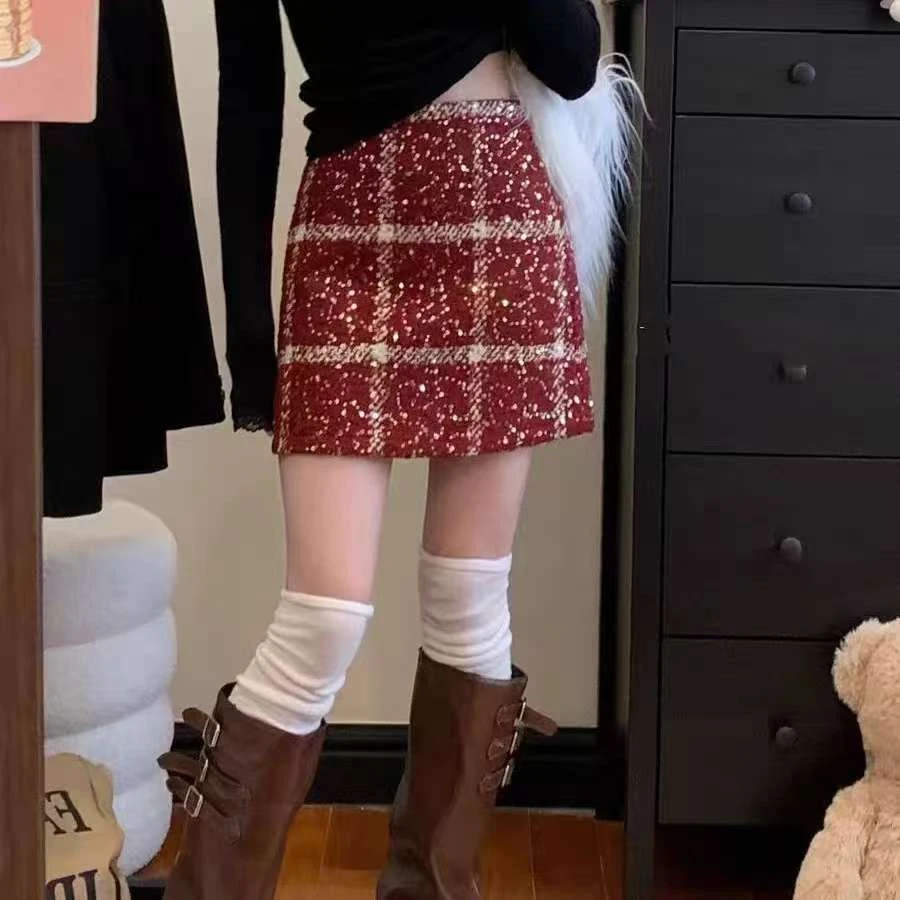 小香风复古气质格子高腰半身裙女冬季2024新款包臀显瘦A字短裙ins