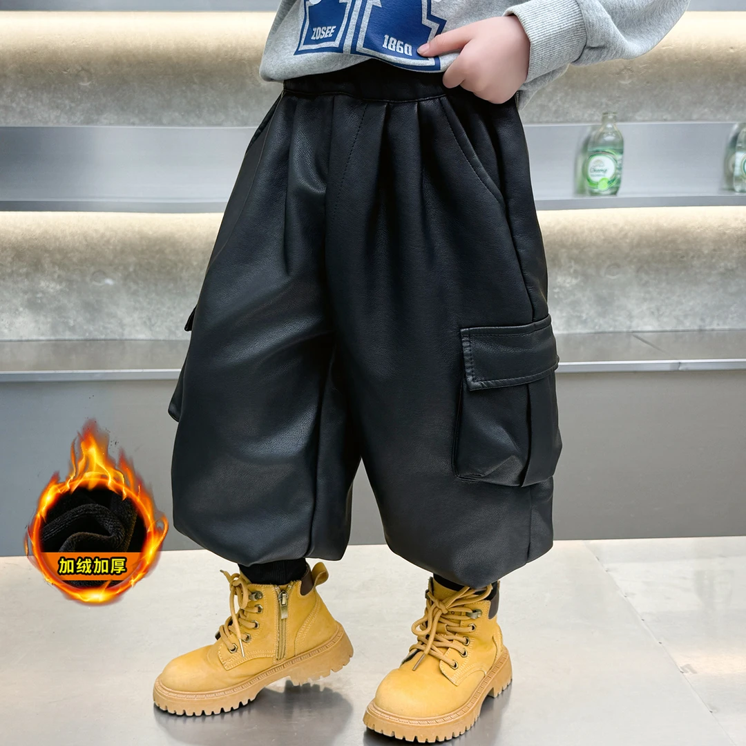 男童冬装加绒裤子儿童痞帅潮酷男孩工装皮裤2025新款秋冬款束脚裤