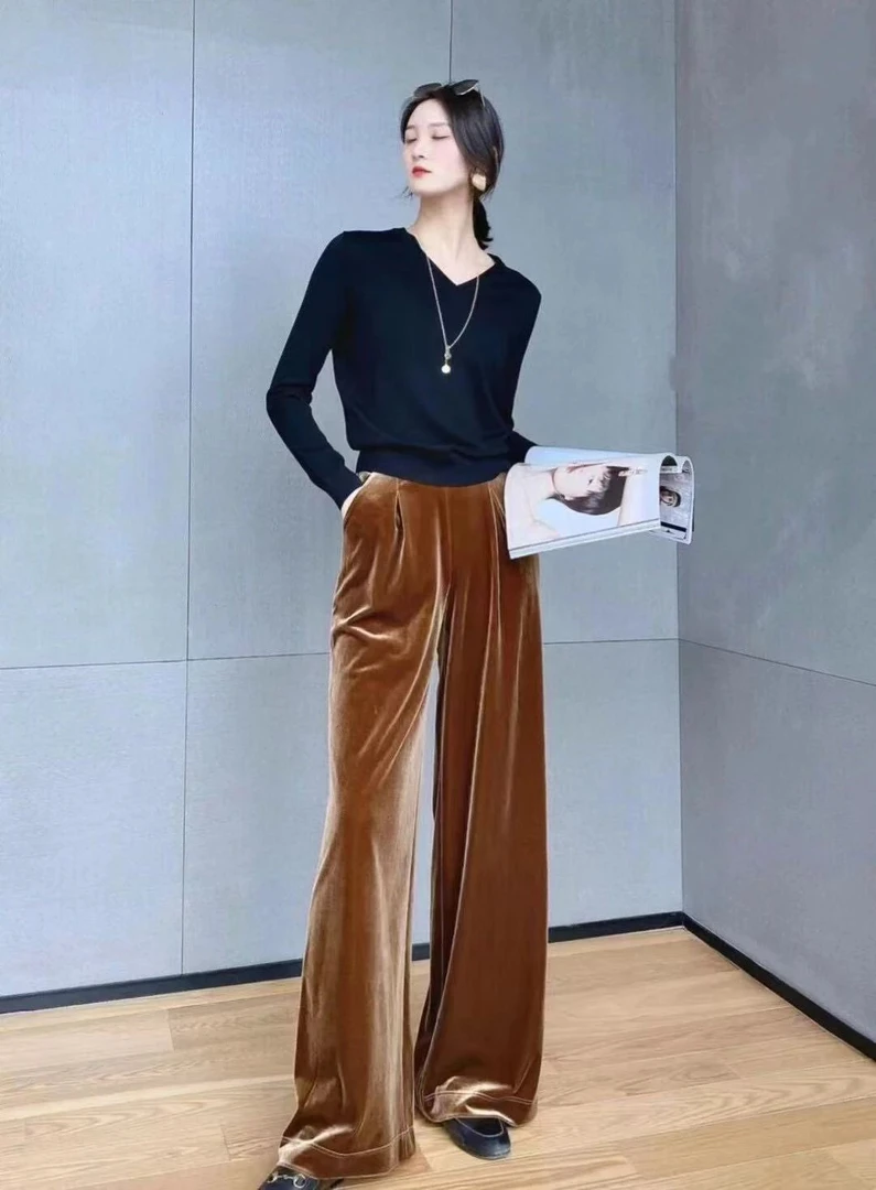 No退货 1100186 高腰松紧腰丝绒直筒裤