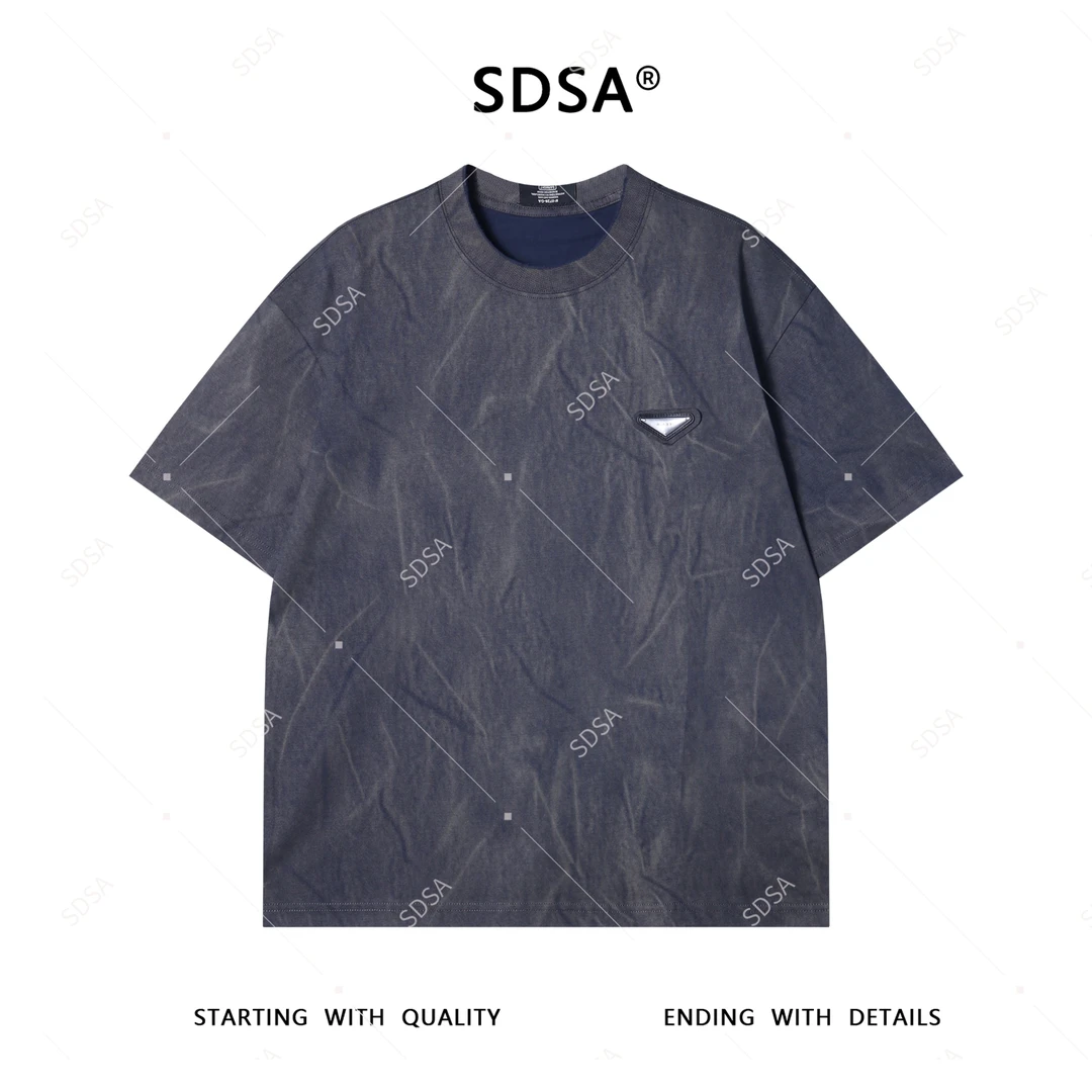 夏季高级感新款男士朋克风扎染做旧倒三角圆领短袖T恤百搭上衣潮