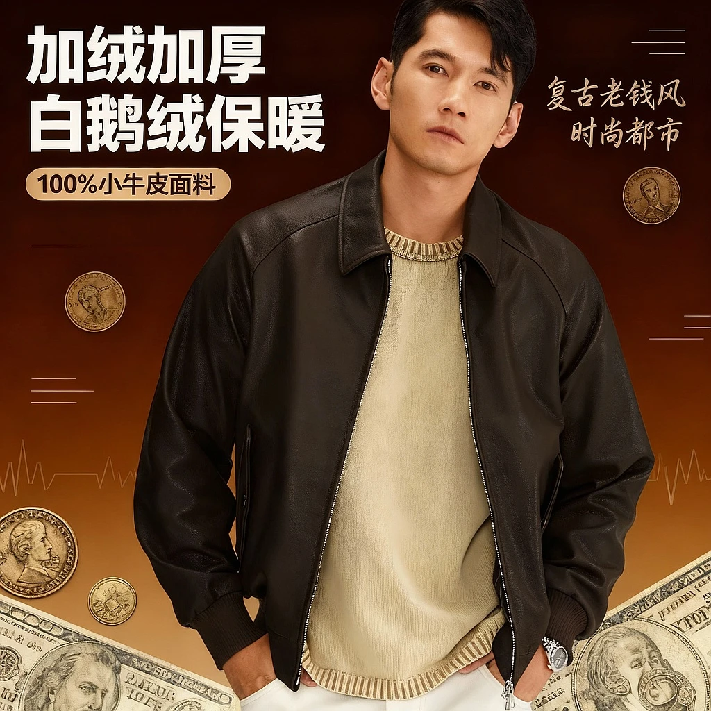 头层牛皮 男士复古老钱风内里加鹅绒小牛皮9885翻领时尚真皮皮衣