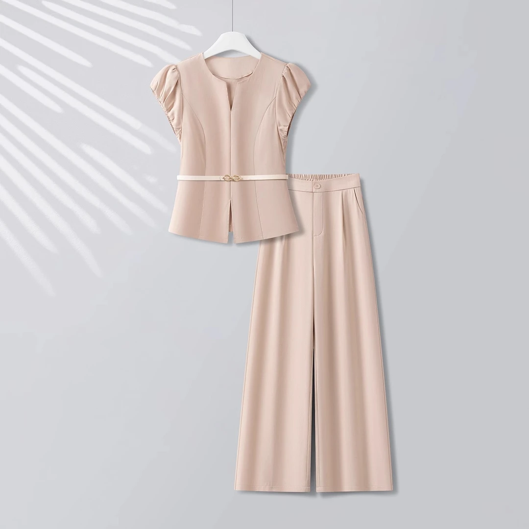 高级感两件套装法式通勤西装小飞袖套头上衣女夏季2025高腰直筒裤