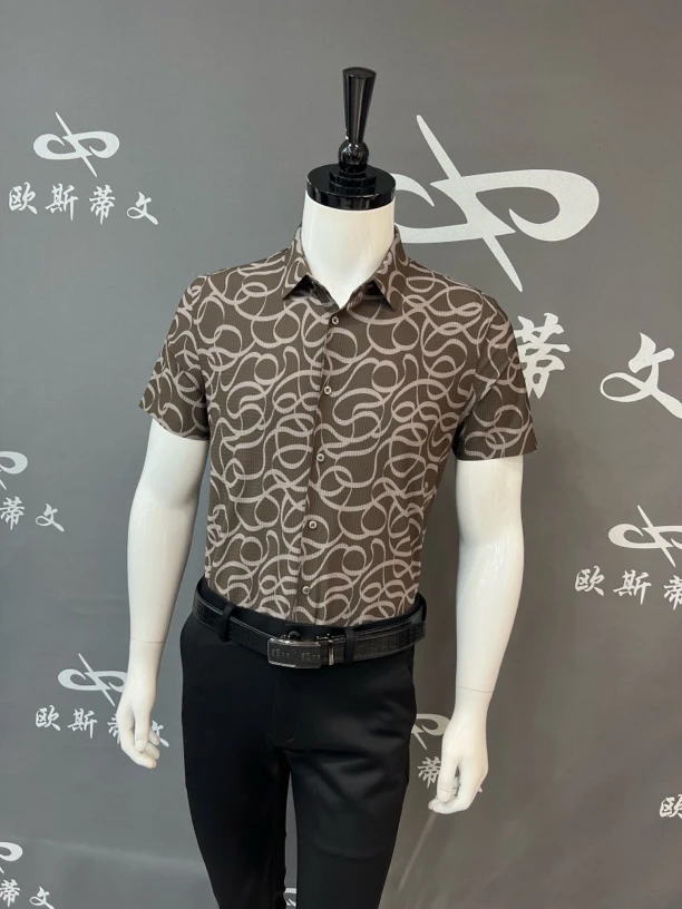 夏季新款男士休闲时尚百搭花瓣印花修身薄款翻领短袖衬衫