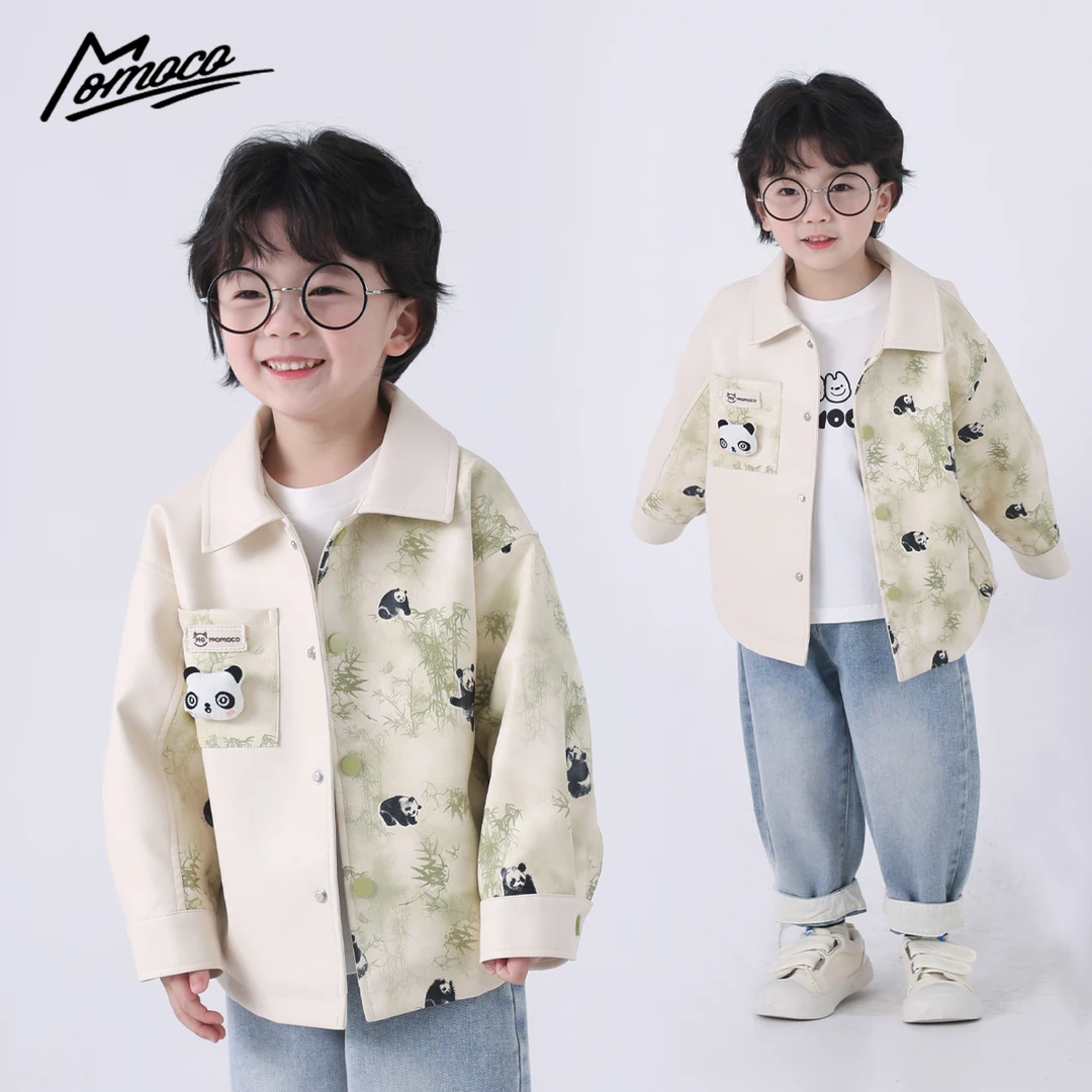MOMOCO2025款春秋季男童时尚国风熊猫拼接皮衣外套77180105002