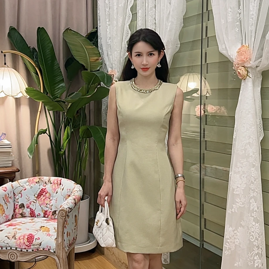 【万物生长】AN052 安妮老板  气质镶钻高级感有口袋无袖连衣裙