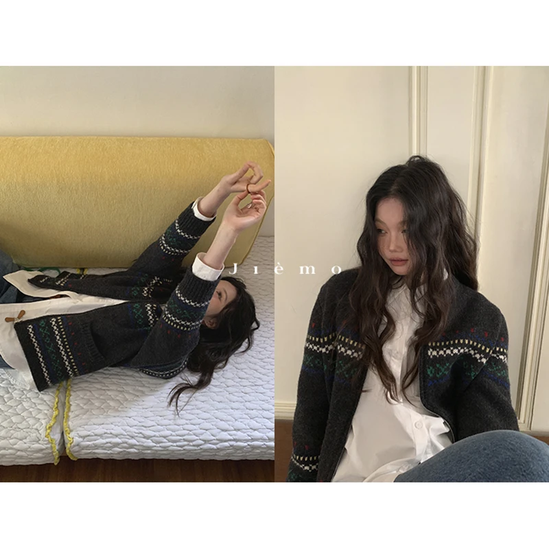 芥末费尔岛提花针织开衫女百搭小众宽松休闲慵懒毛衣