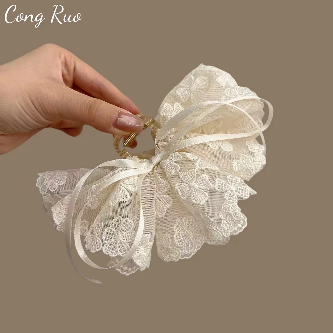 日韩超仙蝴蝶结丝带花朵蕾丝抓夹女后脑勺马尾夹半扎发鲨鱼夹发抓