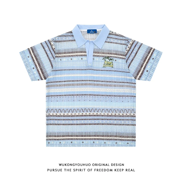 悟空有货美式复古渐变条纹镂空POLO领短袖T恤男情侣宽松休闲上衣