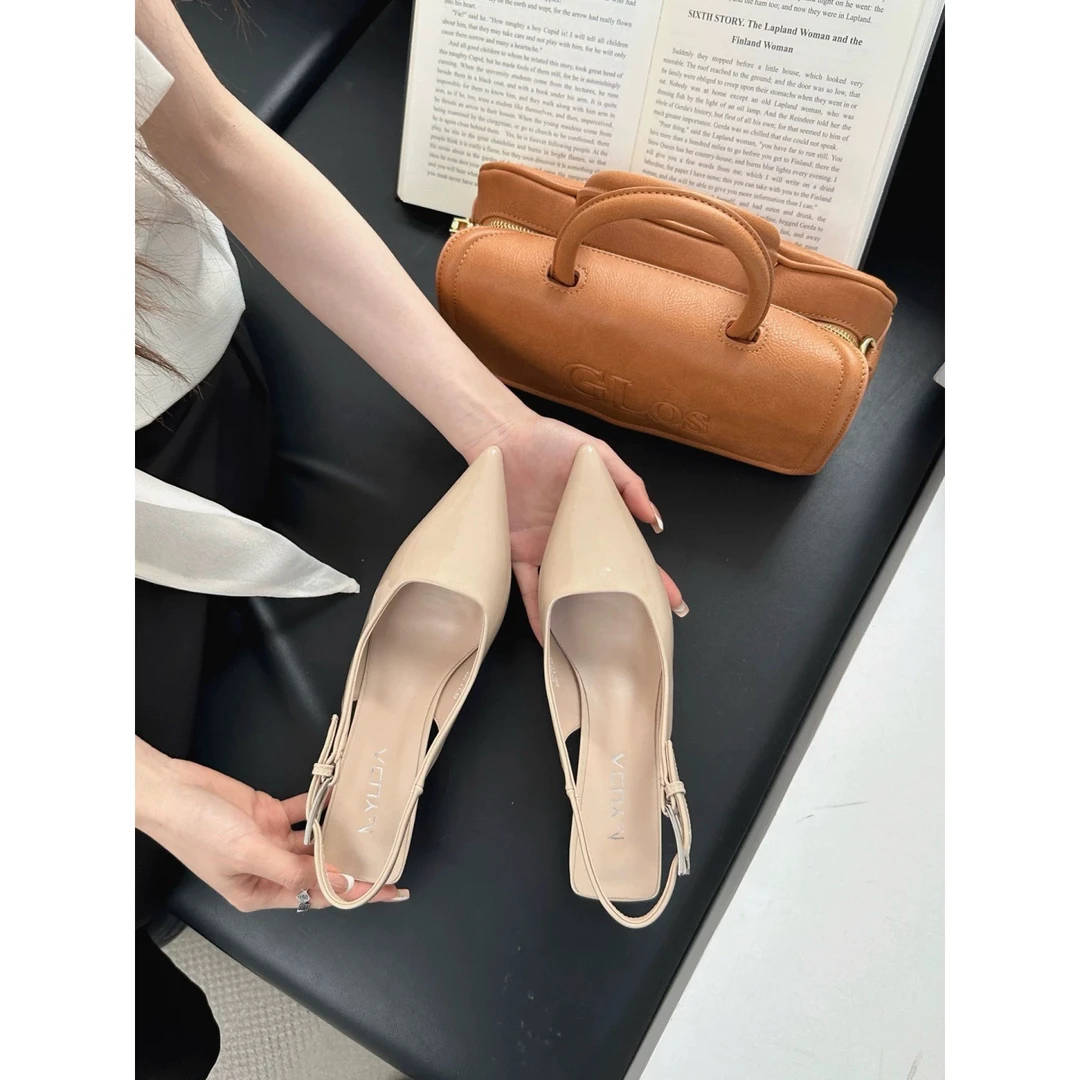 读媄【小金条】3厘米 裸色高跟鞋夏季细跟漆皮尖头后空凉鞋女51126