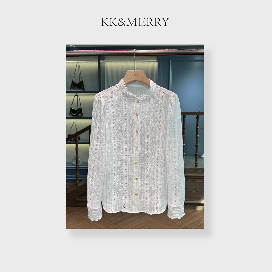 KK&MERRY设计感镂空法式小个子立领甜美拼接长袖衬衫KDAC216