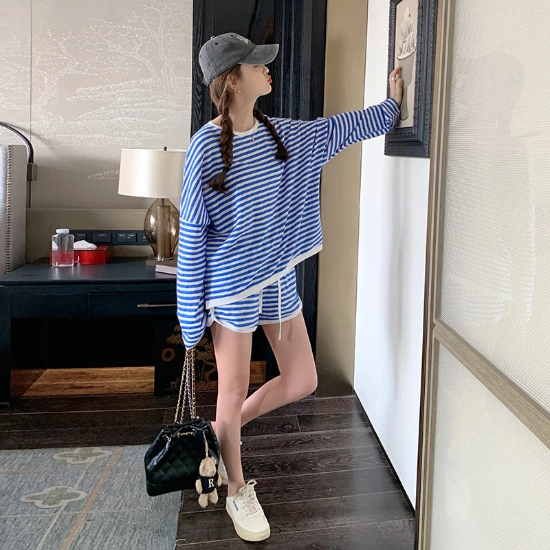 2025夏季休闲风时尚套装上衣春卫衣夏装显瘦条纹夏季休闲洋气网红