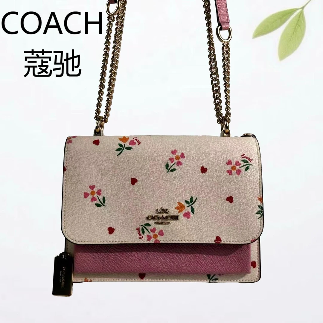 95新 COACH/蔻驰 白粉拼色小碎花单肩斜挎包G25804585底长22X16