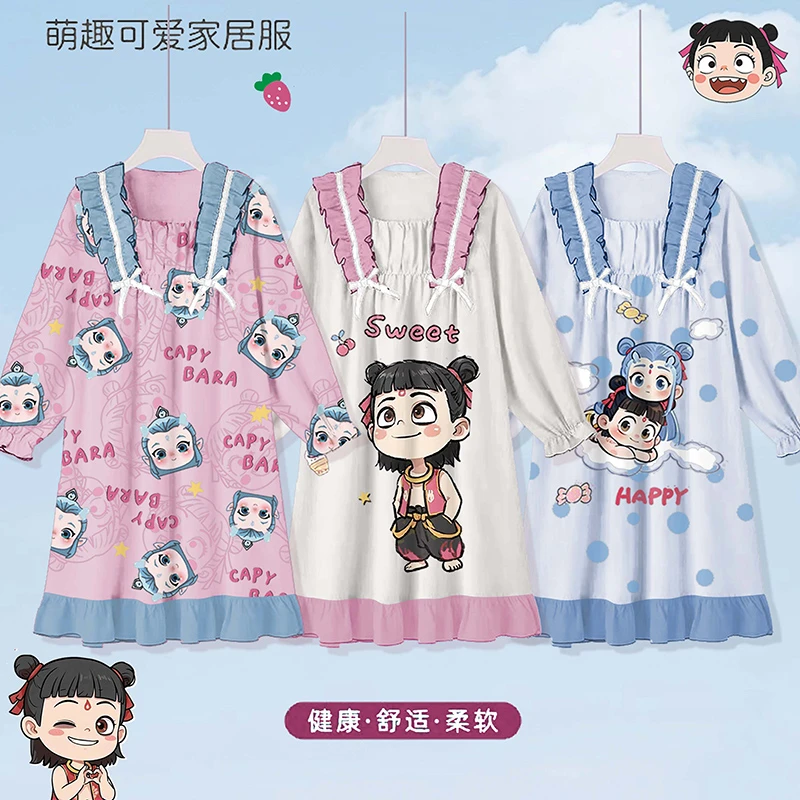 儿童睡衣春秋款莫代尔大童小女孩女童睡裙长袖哪吒2025新款家居服