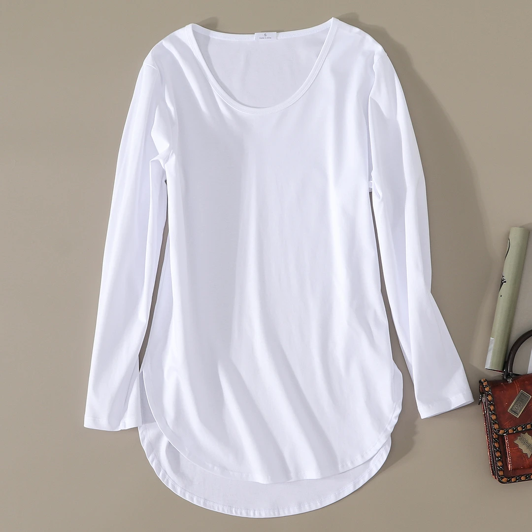 星有光时尚U领弧形下摆中长款长袖t恤女丝光棉纯棉遮臀上衣打底衫