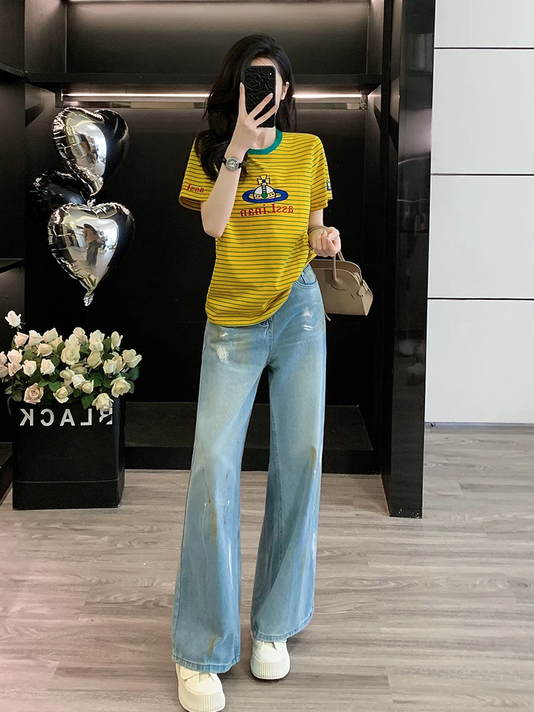 休闲套装女新款爆款卡通刺绣条纹短袖T恤时尚阔腿牛仔裤潮两件套