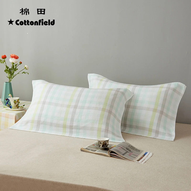 棉田—春天里吸汗条纹简约枕巾枕头巾X2透气成人格子
